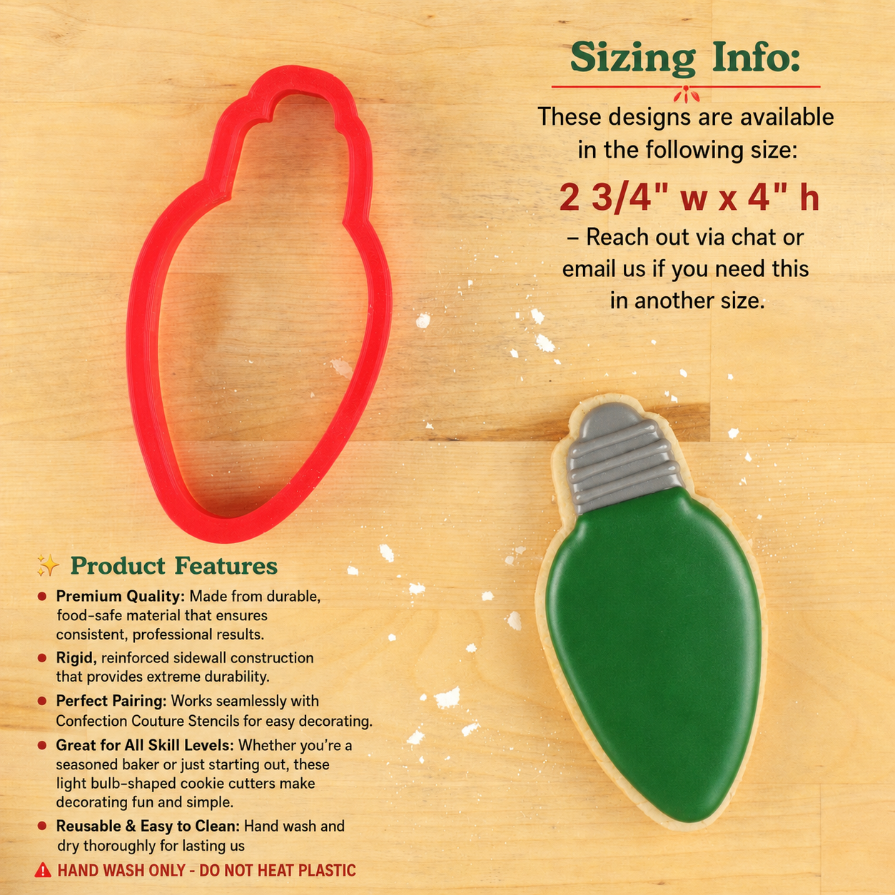A cookie cutter set displayed on a light wood background with informational text. The set includes a red heart-shaped cutter and a green light bulb-shaped cutter, with text detailing sizing and product features.
