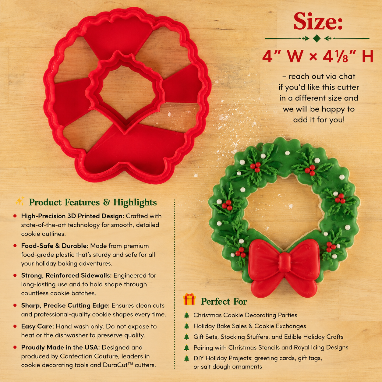 Product descriptions, dimensions and decorating ideas for the Wreath Christmas Cookie Cutter
