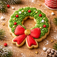 Wreath-shaped cookie piped with green icing, edible candy and a red bow.