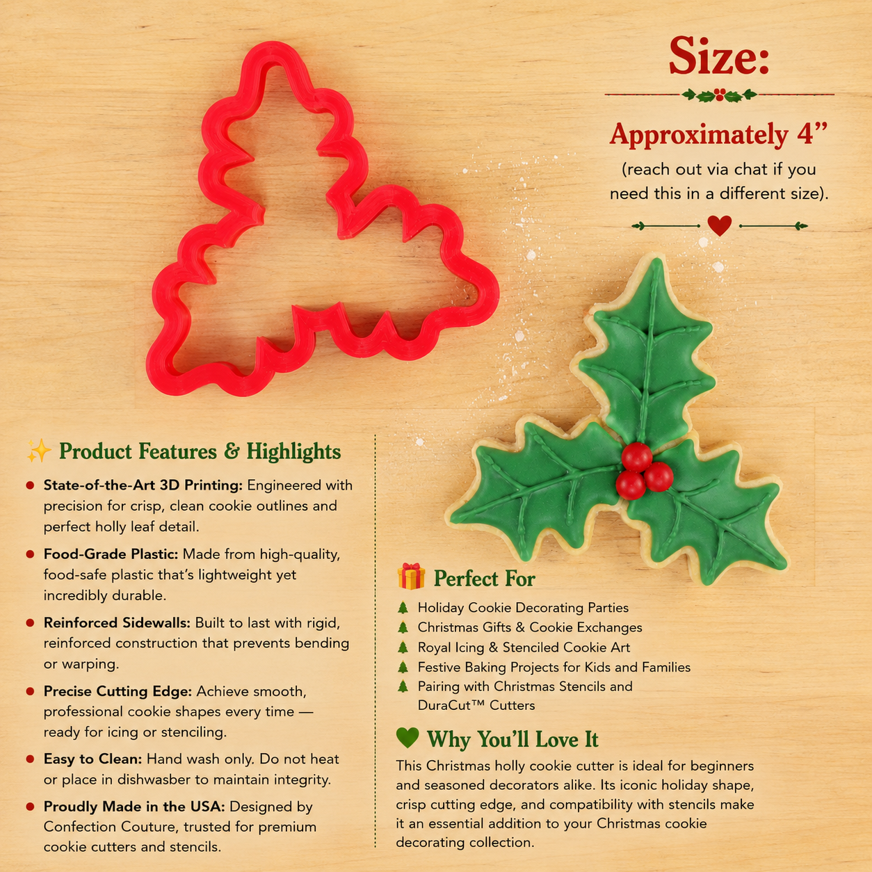 Product details, dimensions and decorating ideas for the Holly Leaf Christmas Cookie Cutter