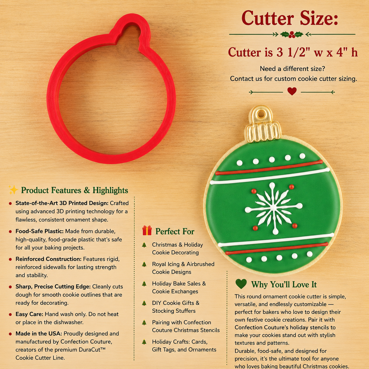 Dimensions, product details and decorating ideas for the Round Christmas Ornament Cookie Cutter