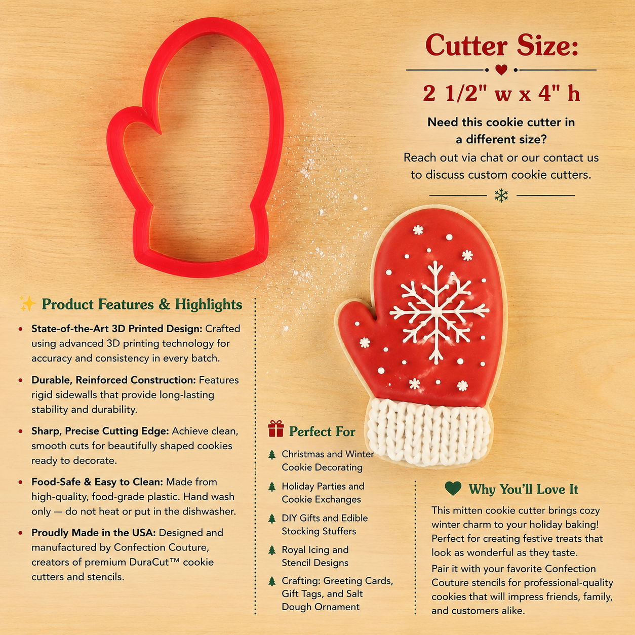 An informational product graphic for a red heart-shaped cookie cutter on a beige wood-textured background. The layout includes a large red cookie cutter outline, a close-up of the cutter head with a white snowflake on a red background, product feature text, cutter size information, and usage suggestions.