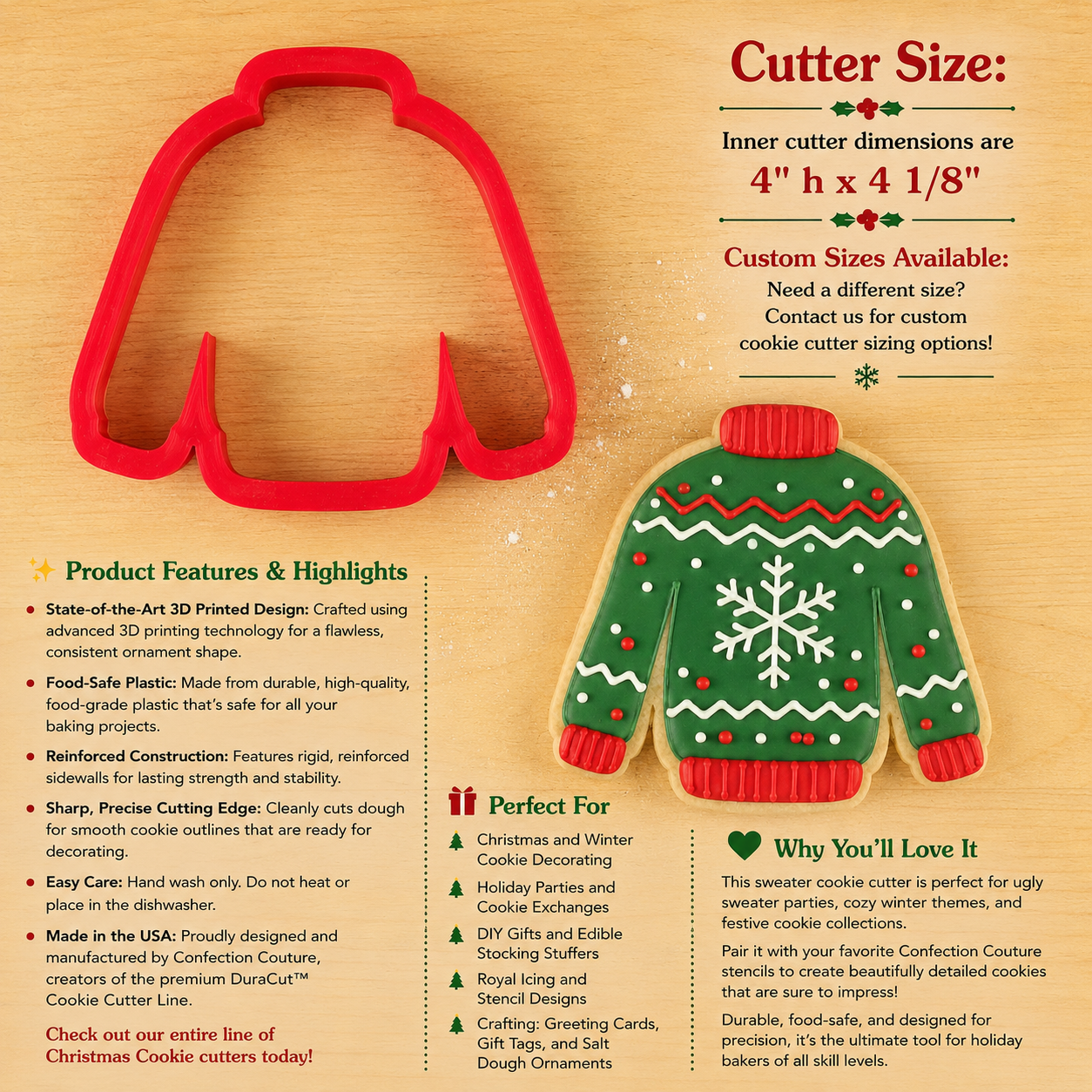 Dimensions, product highlights and decorating ideas for the Christmas Sweater Cookie Cutter