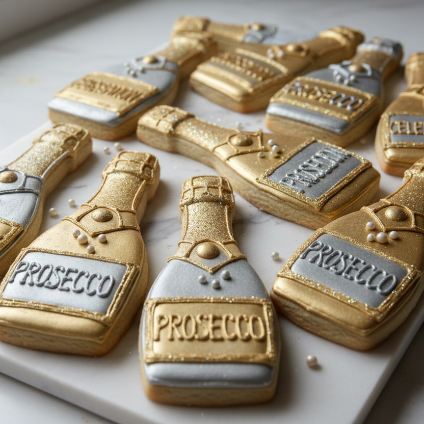 Prosecco bottle-shaped cookies on a white surface