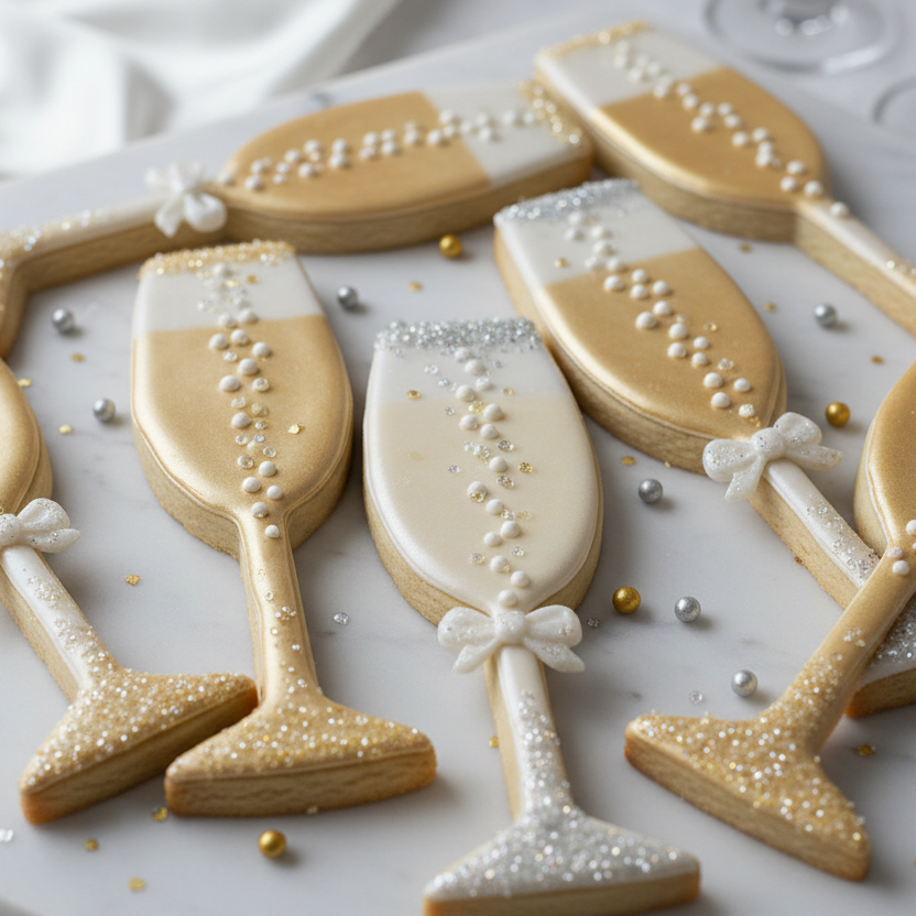 Decorative cookies shaped like champagne glasses on a marble surface.