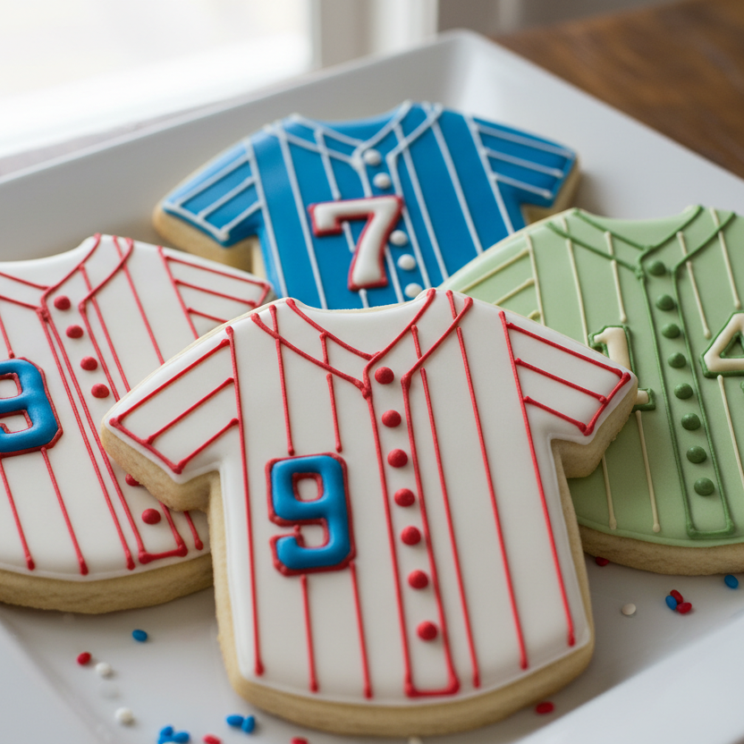 Decorative cookies shaped like baseball jerseys with numbers on a white plate.