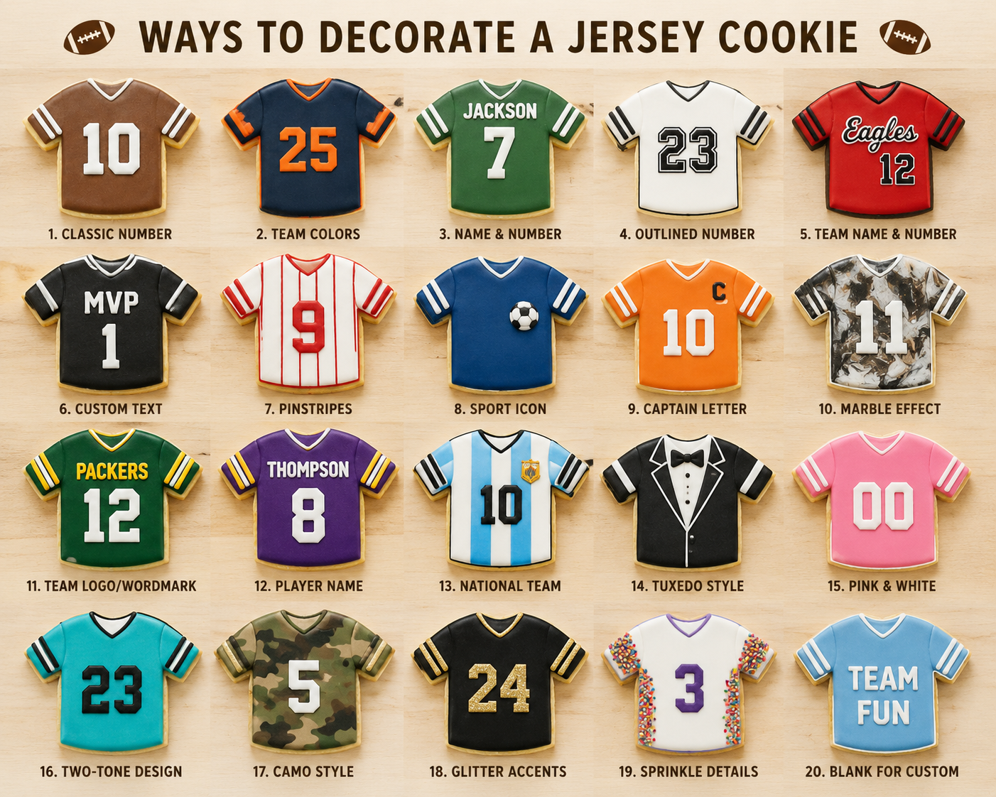 Sports jersey cookie decorating ideas featuring football jerseys, soccer jerseys, team shirts, custom names, numbers, stripes, camouflage, and themed cookie designs.