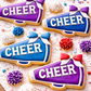 Decorative cookies shaped like cheer megaphones with colorful icing on a wooden surface.