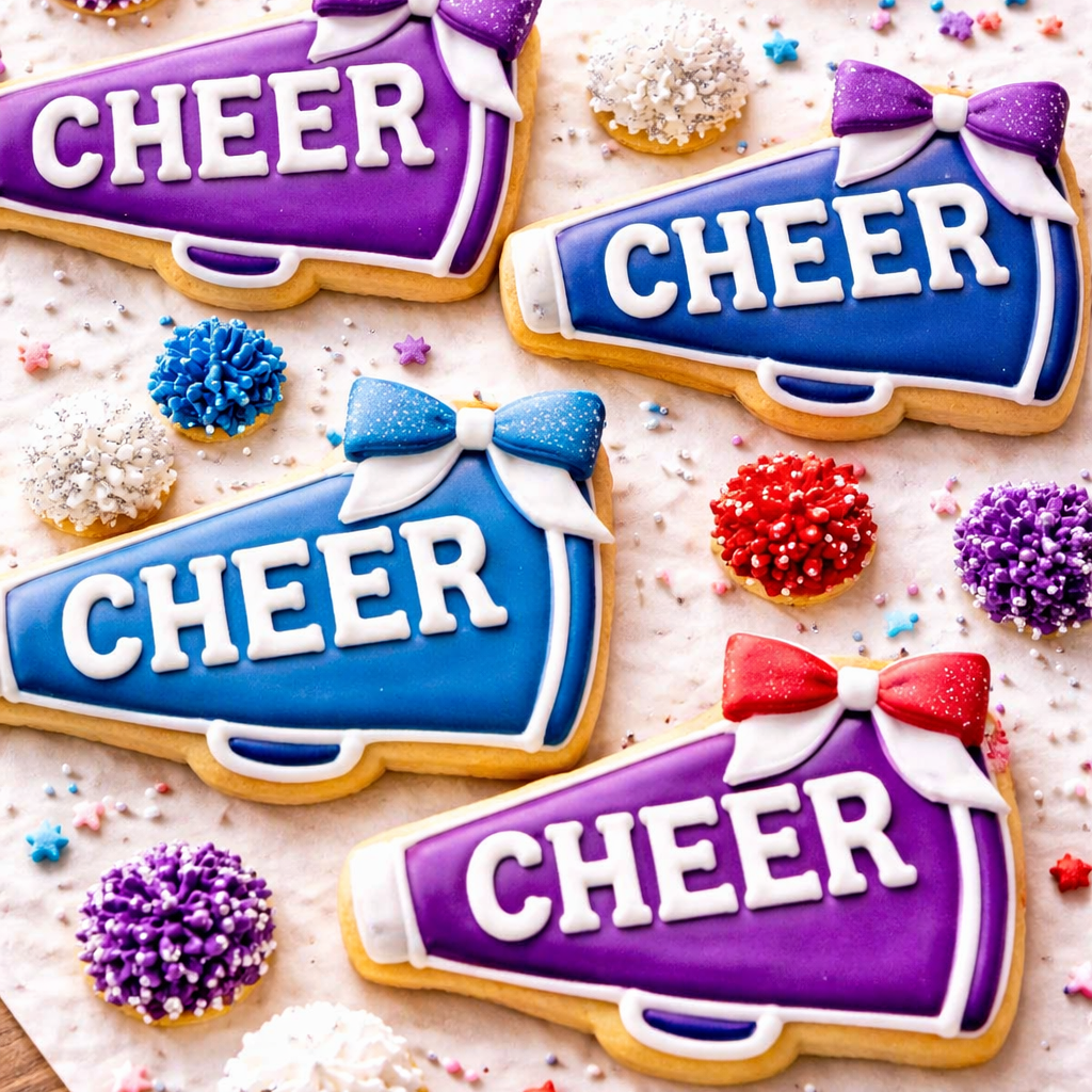 Decorative cookies shaped like cheer megaphones with colorful icing on a wooden surface.