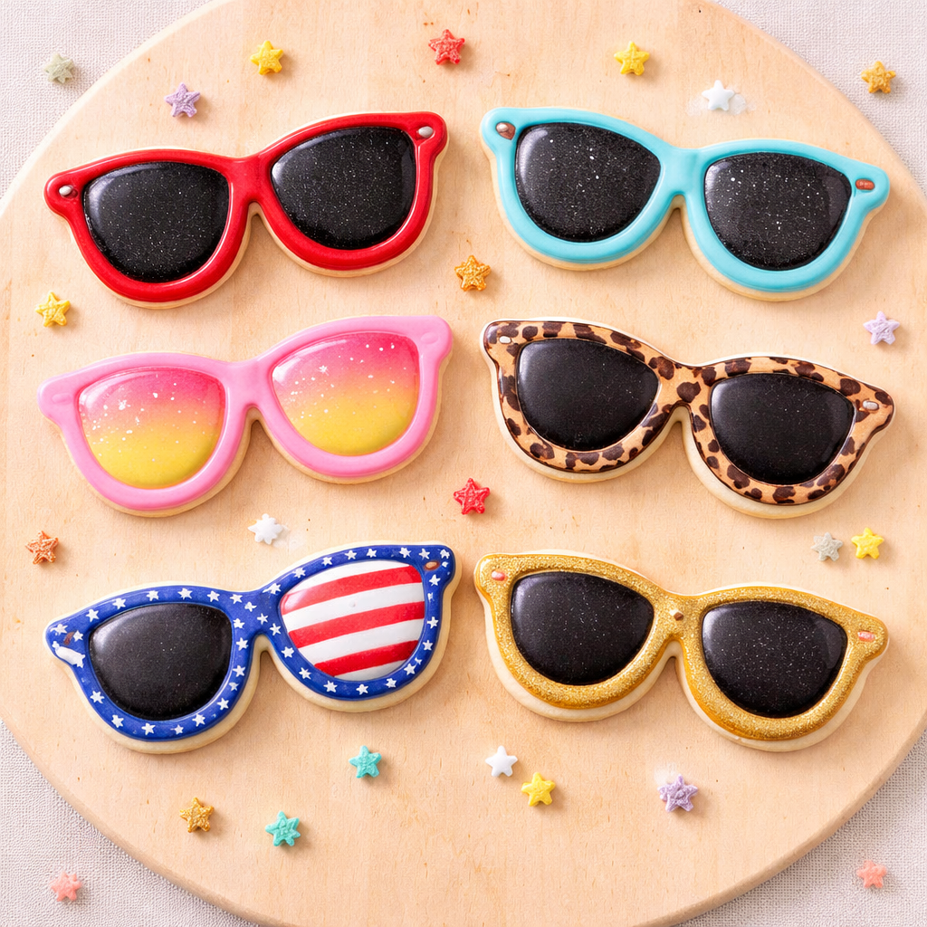 Sunglasses-shaped cookies on a wooden board with decorative stars.