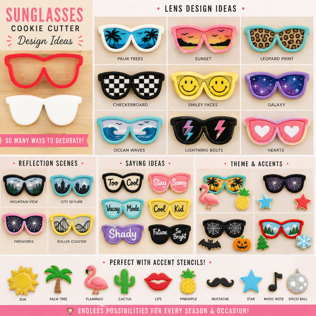 Sunglasses cookie cutter design ideas with various styles and themes.