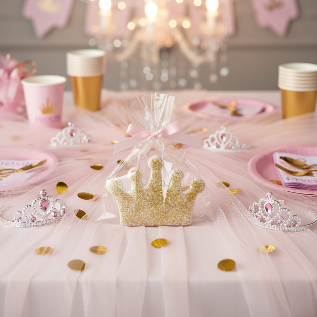 Crown Cookie Shaped cookie displayed in a clear bag on a princess-themed party table.