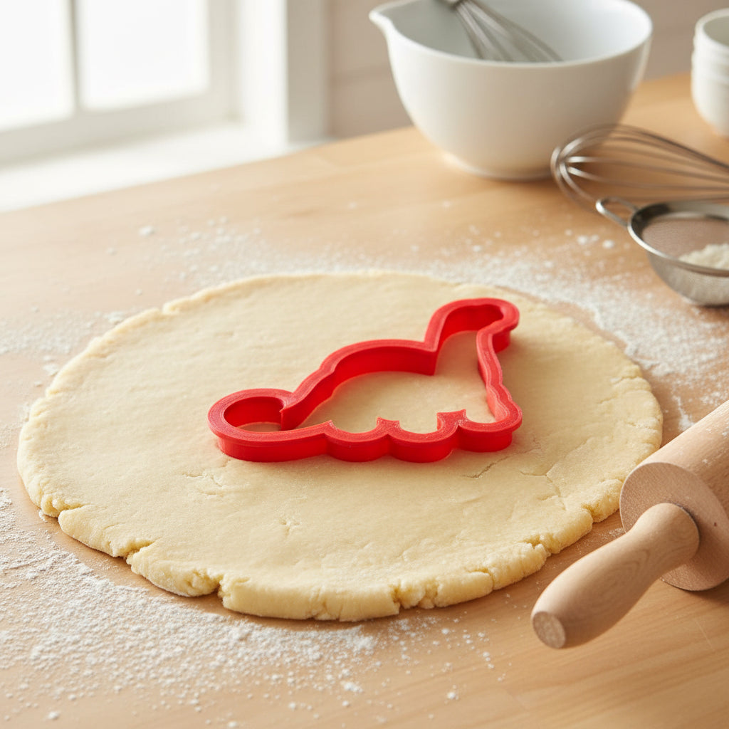 Dinosaur Cookie Cutter being used on rolled out cookie dough