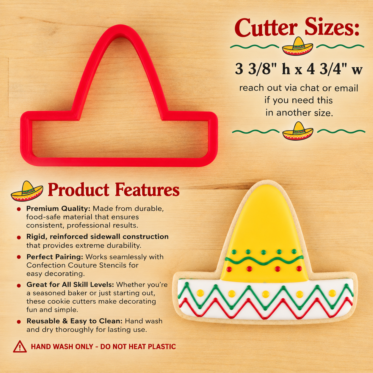 Product details and dimensions for the sombrero cookie cutter