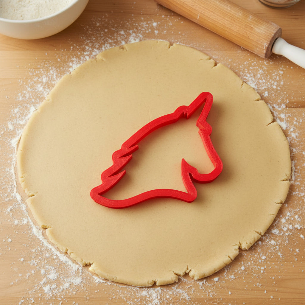 Unicorn Cookie Cutter being used on rolled out cookie dough