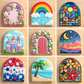Collection of colorful cookie cutters shaped like fairy doors, rainbows, stained glass windows, castles, and more on a wooden surface.