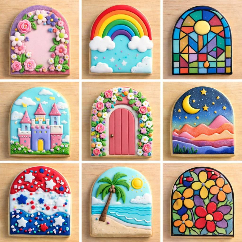 Collection of colorful cookie cutters shaped like fairy doors, rainbows, stained glass windows, castles, and more on a wooden surface.