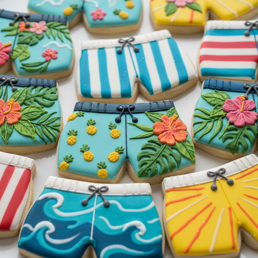 Decorative cookies shaped like swimsuit briefs with colorful designs on a white plate.
