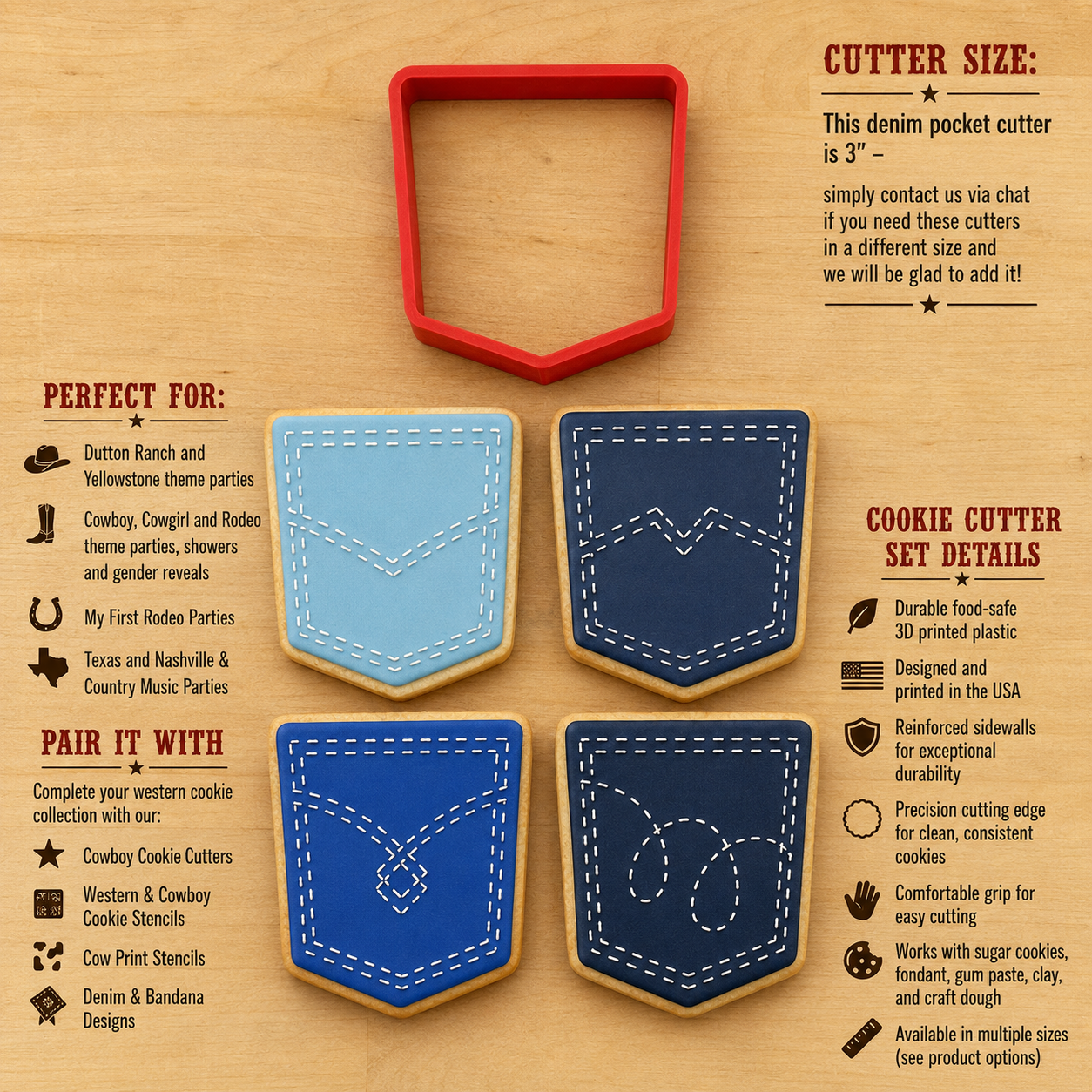 Dimensions, decorating ideas, and product details for the denim blue jean pocket cookie cutter