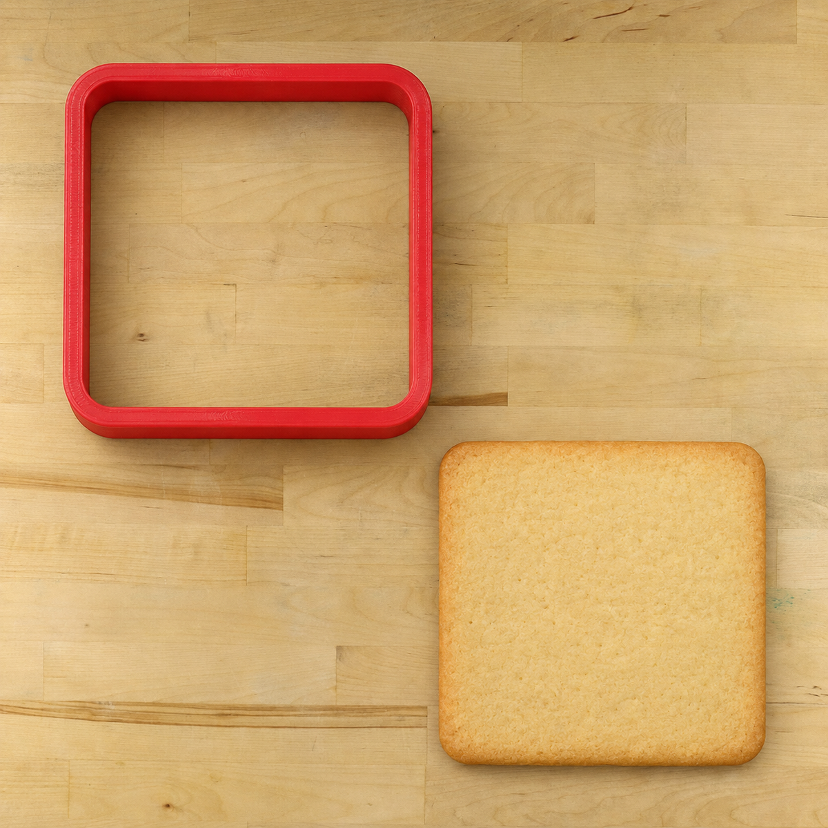 A square red silicone cookie cutter shown on a light wood surface next to a baked square cookie or biscuit used as a size reference.