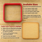 A red square cookie cutter shown on a light wood background, alongside a baked square cookie and text listing available sizes from 2 to 4 inches and product features.