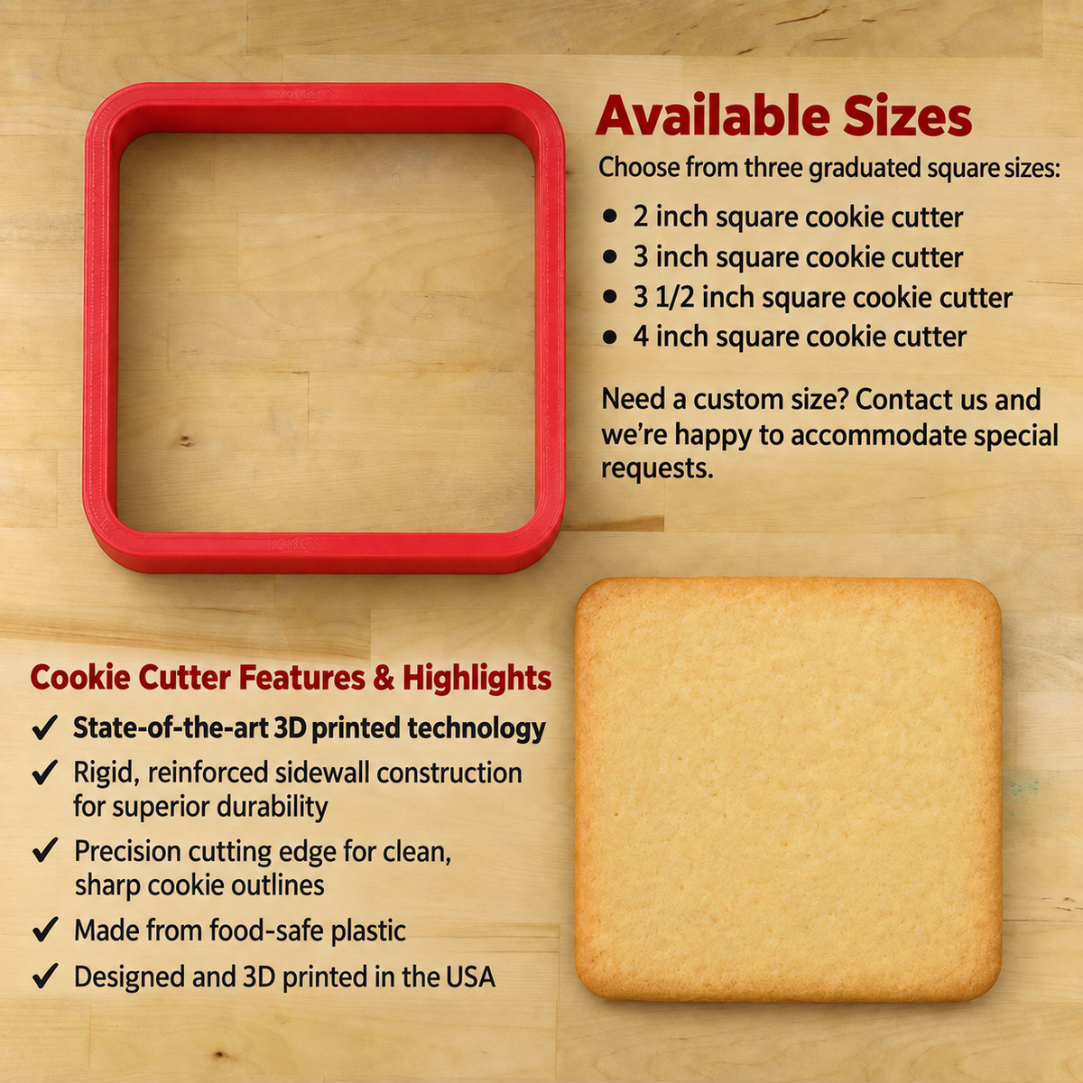 A red square cookie cutter shown on a light wood background, alongside a baked square cookie and text listing available sizes from 2 to 4 inches and product features.