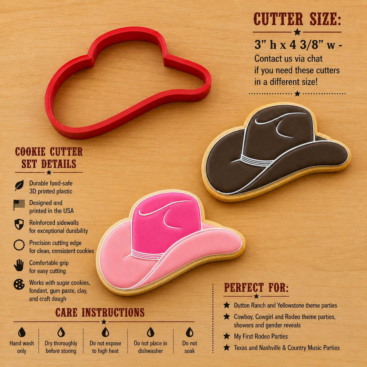 Dimensions, product highlights and decorating ideas  for the Western Cowboy & Cowgirl Hat Cookie Cutter made from durable food-safe 3D printed plastic for rodeo, western and country-themed cookies.