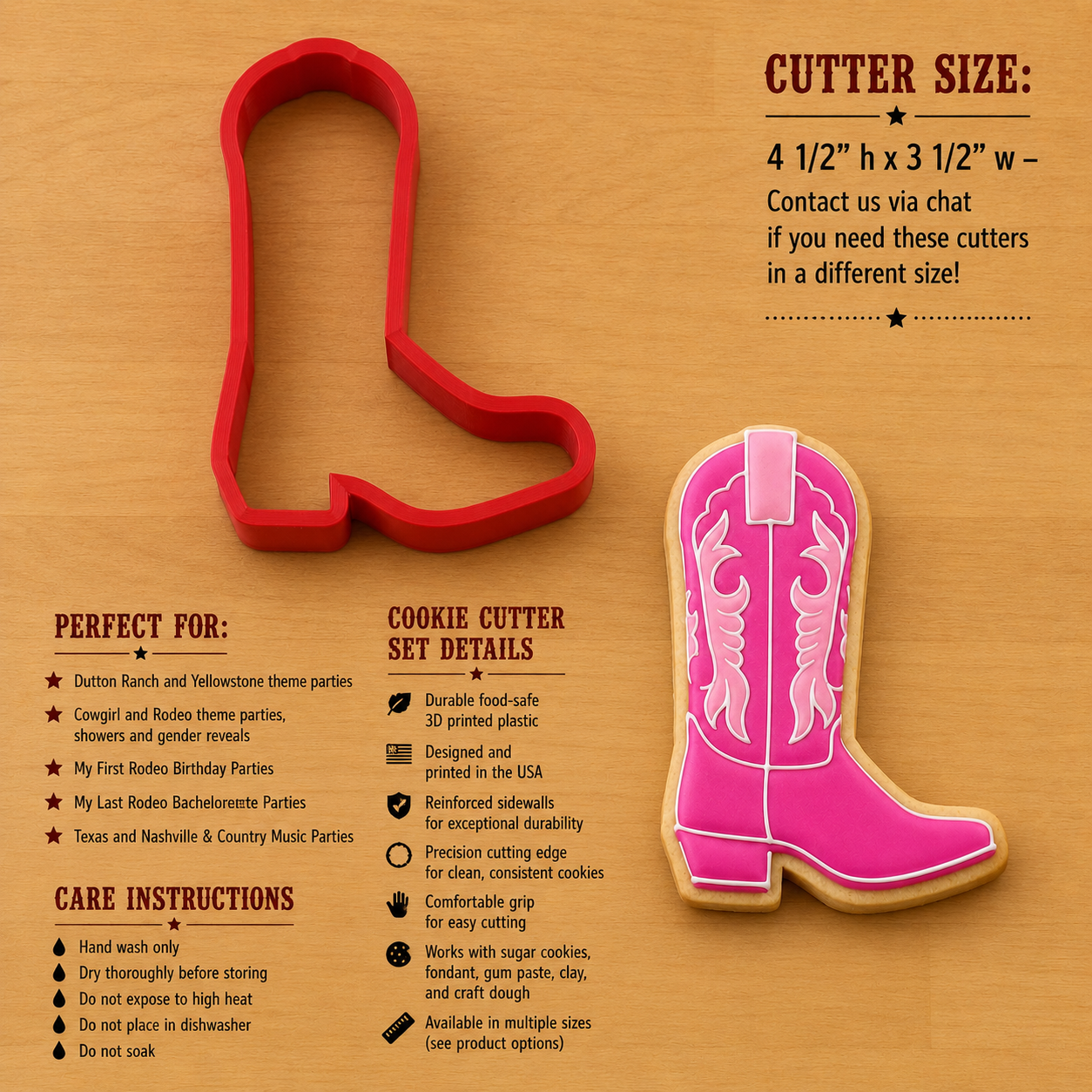 product highlights, dimensions and care instructions for our Cowgirl Boot Cookie Cutter