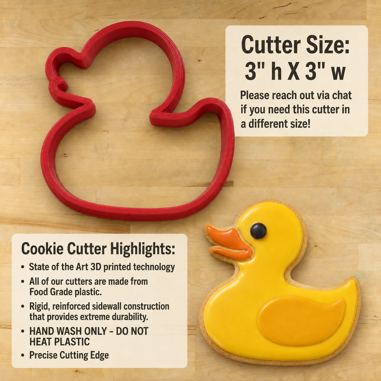 Dimensions and product details for the Rubber Duck Cookie Cutter