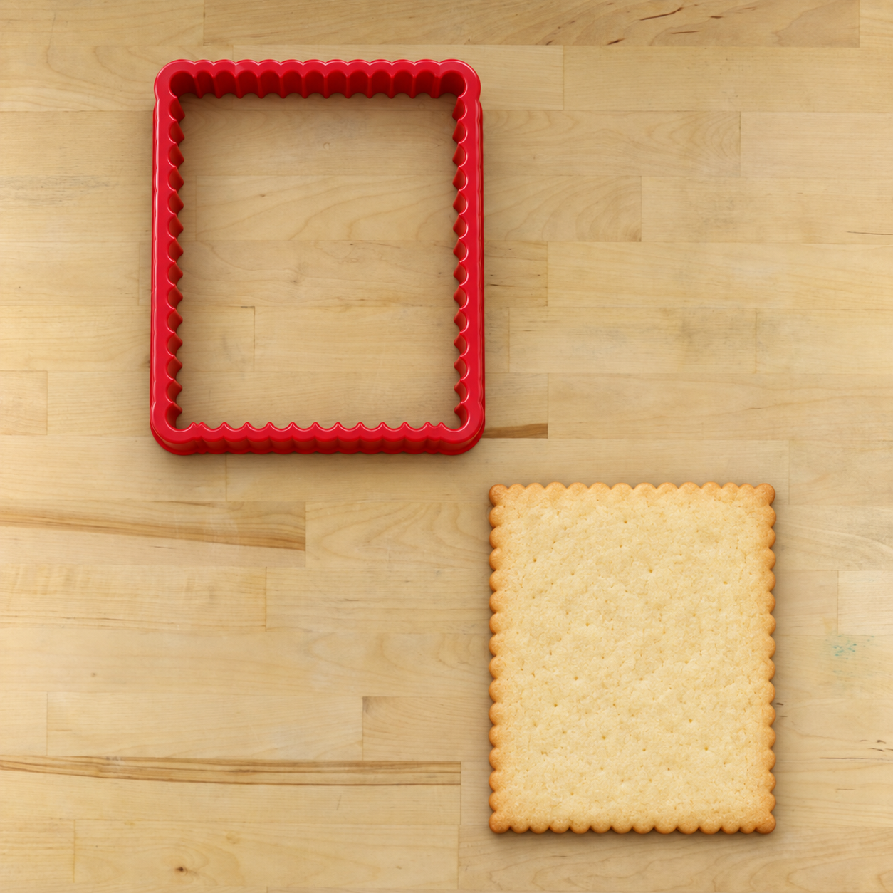 A red rectangular scalloped-edged cookie cutter placed on a light wood surface next to a rectangular scalloped-edged  baked, un-iced cookie, showing the cutter shape and scale.