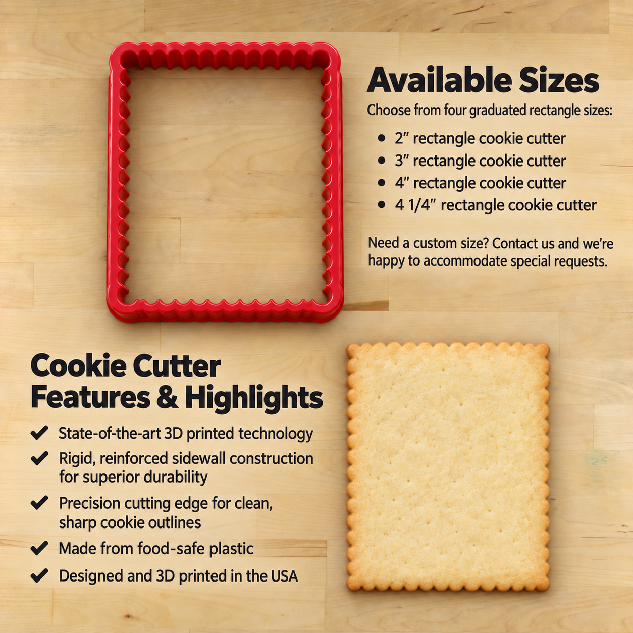 Dimensions and highlights for the scalloped edge rectangular cookie cutter