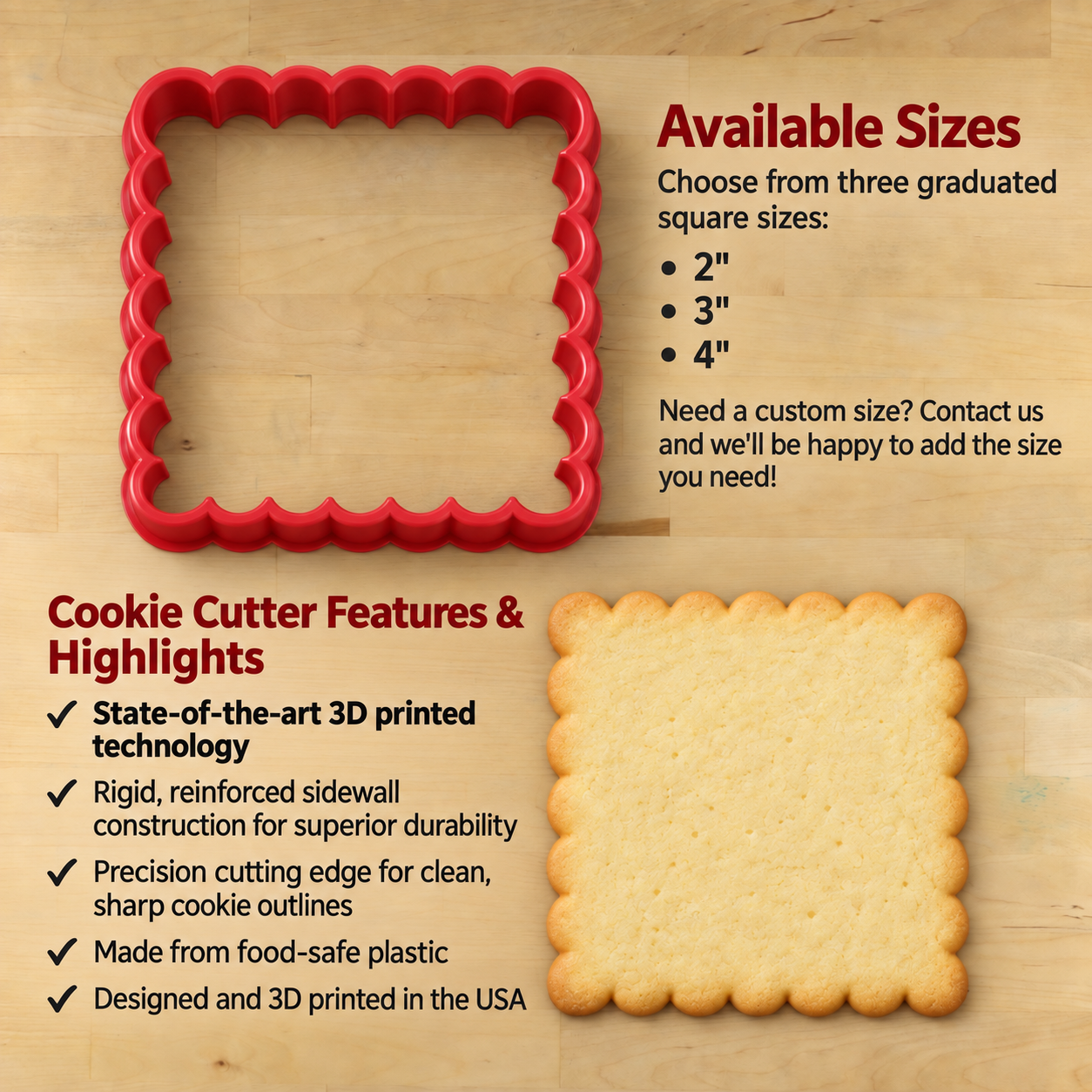 Dimensions and highlights for the Scalloped Edge Square Cookie Cutter