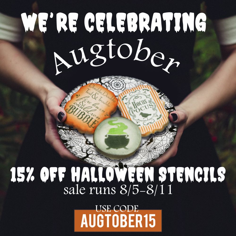 Promotional image for a Halloween stencils sale with hands holding cookies and text overlay.
