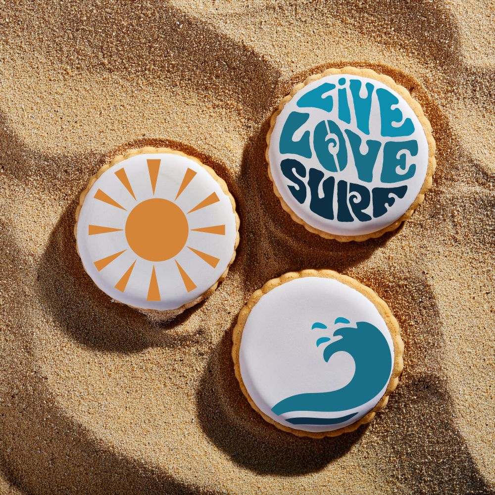  Live Love Surf Cookie Stencil applied to round cookies