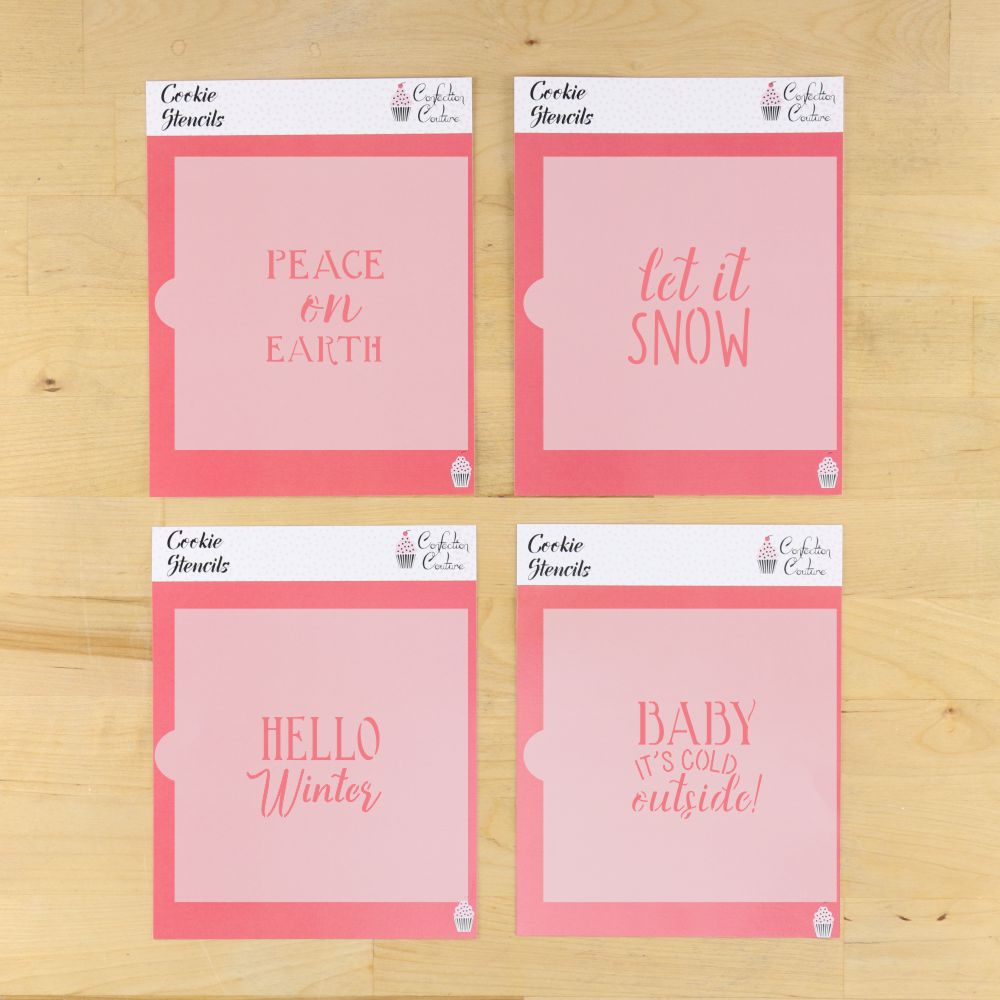 Set of winter-themed cookie stencils featuring 'Hello Winter', 'Let It Snow', 'Peace on Earth', and 'Baby It's Cold Outside'.