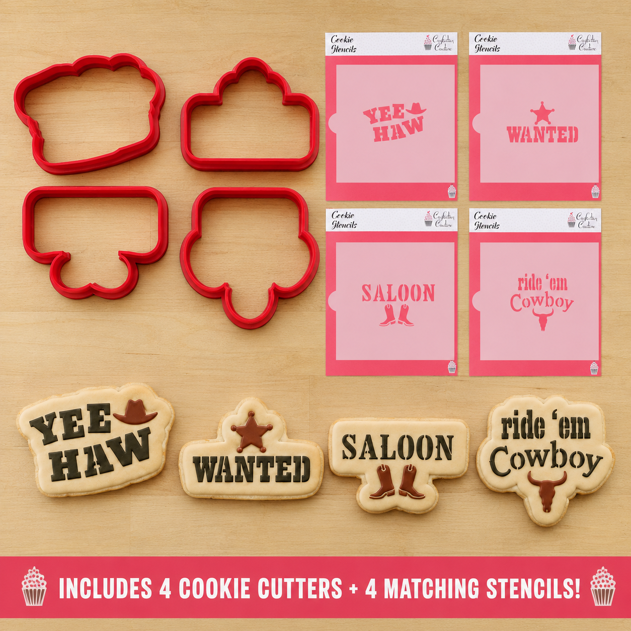 Package contents for the 4-sheet option for the Cowboy Messages cookie stencil and cutter kit.