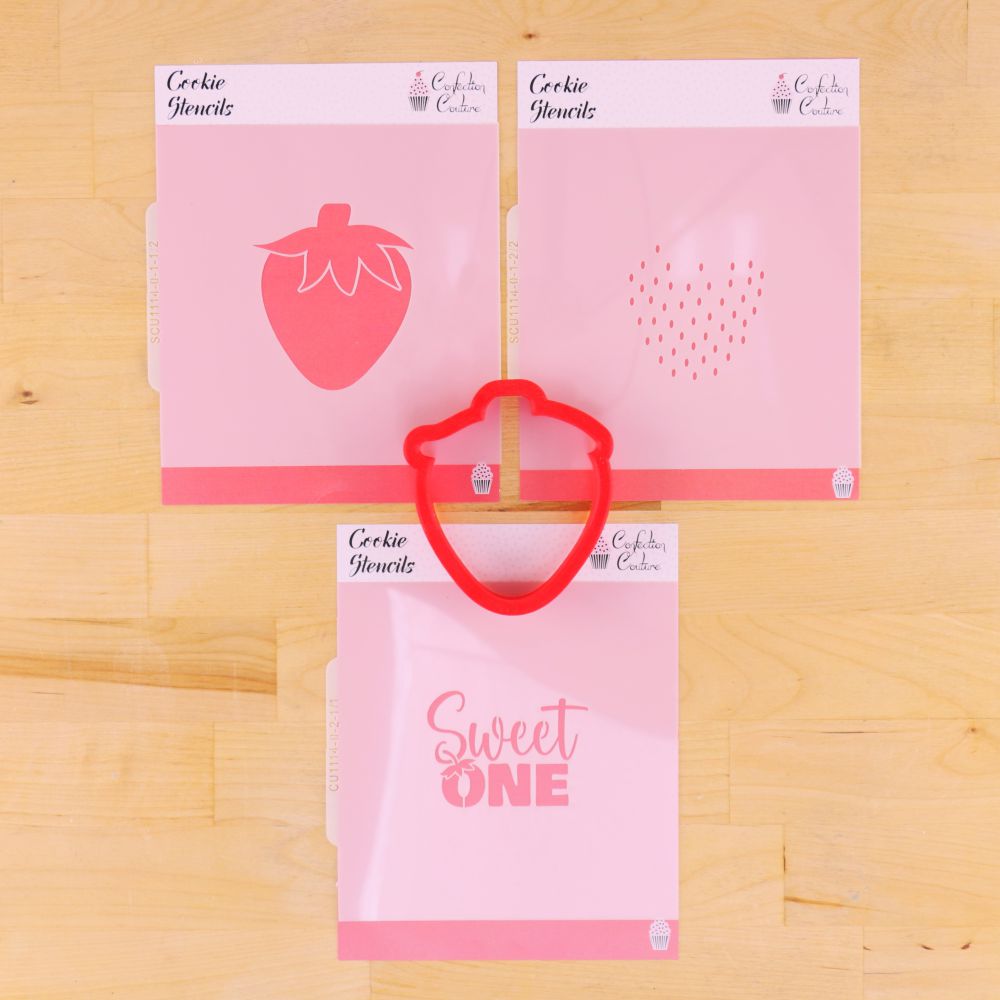 Sweet One First Birthday Cookie Stencil Set with Strawberry Cookie Cutter