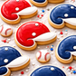Decorative cookies shaped like baseball caps with red, white, and blue icing on a light background.