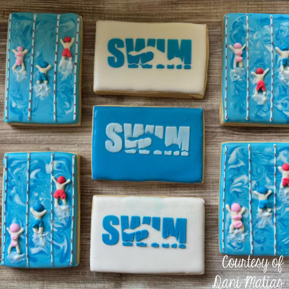 Swimmer Messages Cookie Stencil applied to cookies by Dani Matias