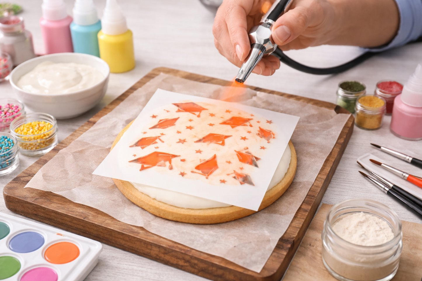 Person using an airbrush to apply the graduation cap cookie stencil onto a white iced cookie.
