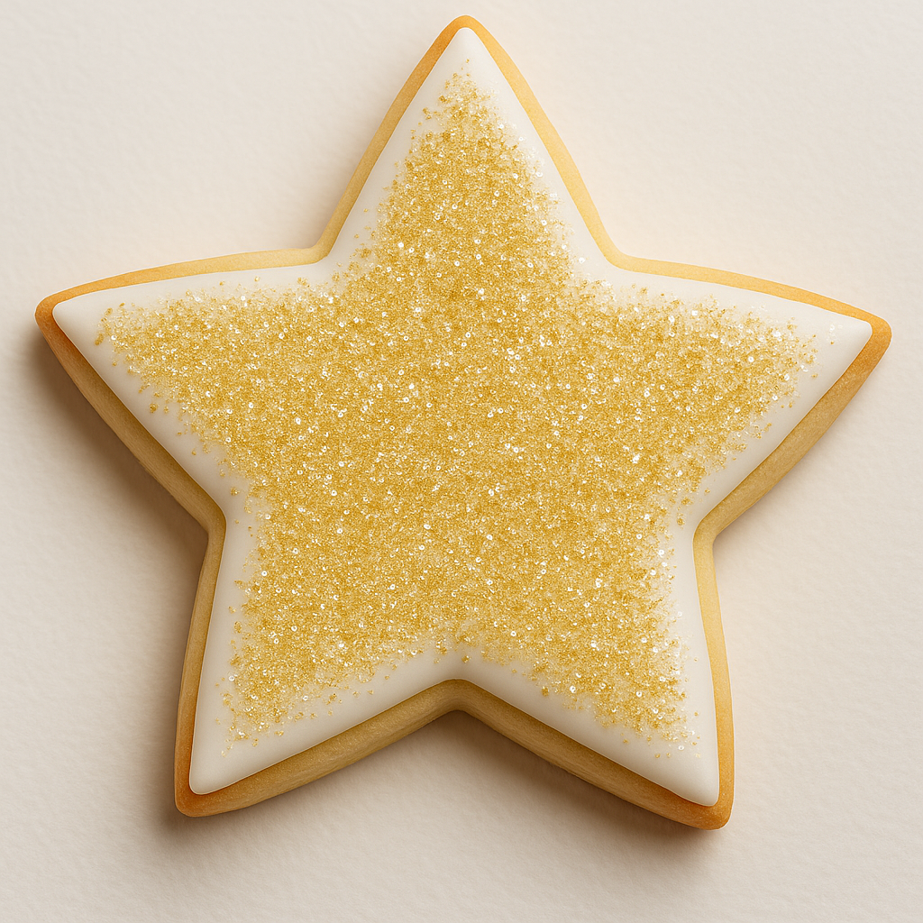 Star-shaped cookie with gold glittery center on a light background