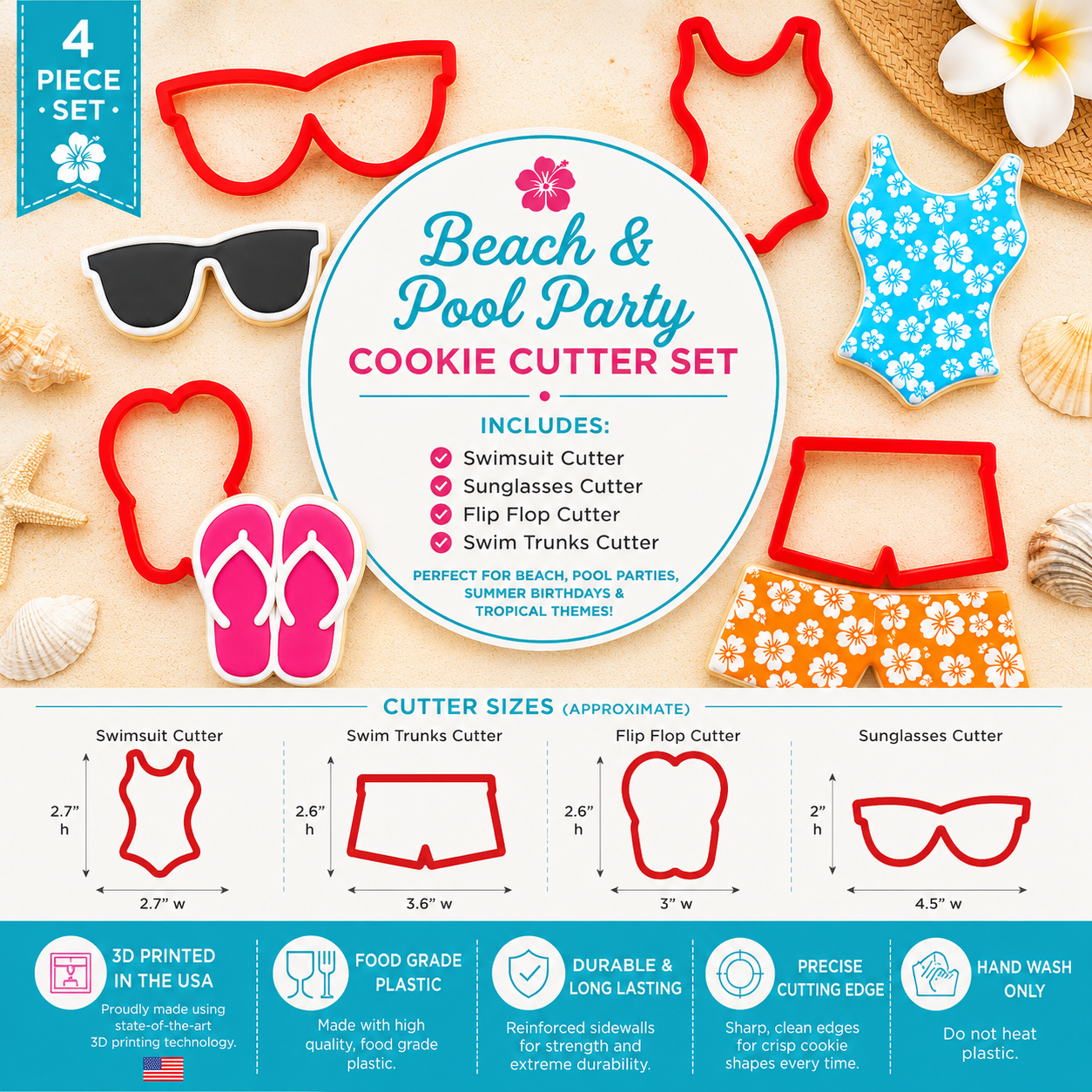 Summer cookie cutter set with swimsuit, swim trunks, flip flop, and sunglasses cookie cutters