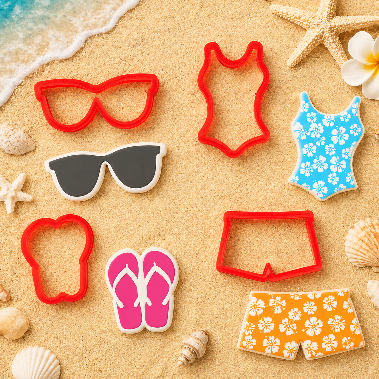Beach and pool party cookie cutter set featuring swimsuit, swim trunks, flip flop, and sunglasses cookie cutters