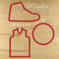 Basketball cookie cutter set sizing guide with jersey, basketball, and sneaker dimensions