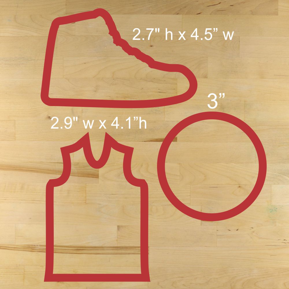 Basketball cookie cutter set sizing guide with jersey, basketball, and sneaker dimensions