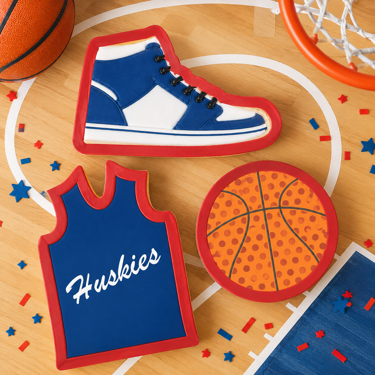 Basketball cookie cutter set featuring jersey, basketball, and sneaker cookie cutters