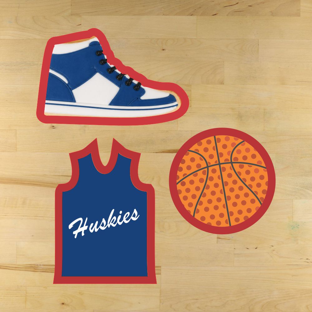 Basketball themed cookies decorated with jersey, sneaker, and basketball cookie cutters