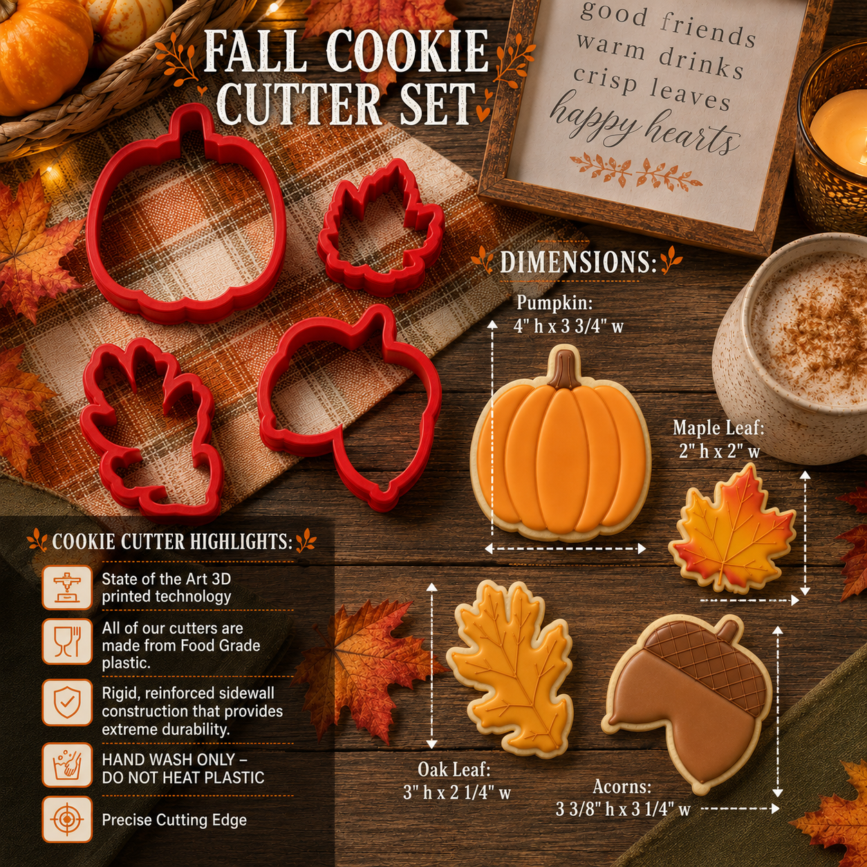 Highlights and dimensions for the Fall cookie cutter set