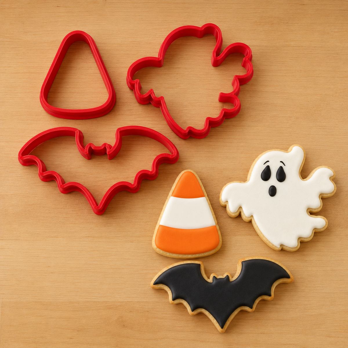 Four red Halloween-themed cookie cutters on a light wood surface, with three decorated sample cookies shown below: a white ghost, a black bat, and an orange-and-white candy corn.