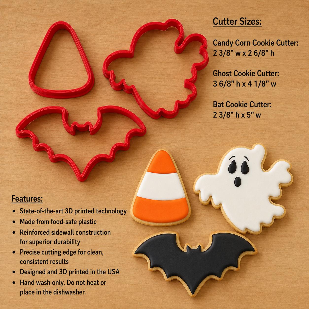 Three red 3D-printed cookie cutters for candy corn, ghost, and bat shapes are displayed on a light wood background with product specifications and two decorated sample cookies.